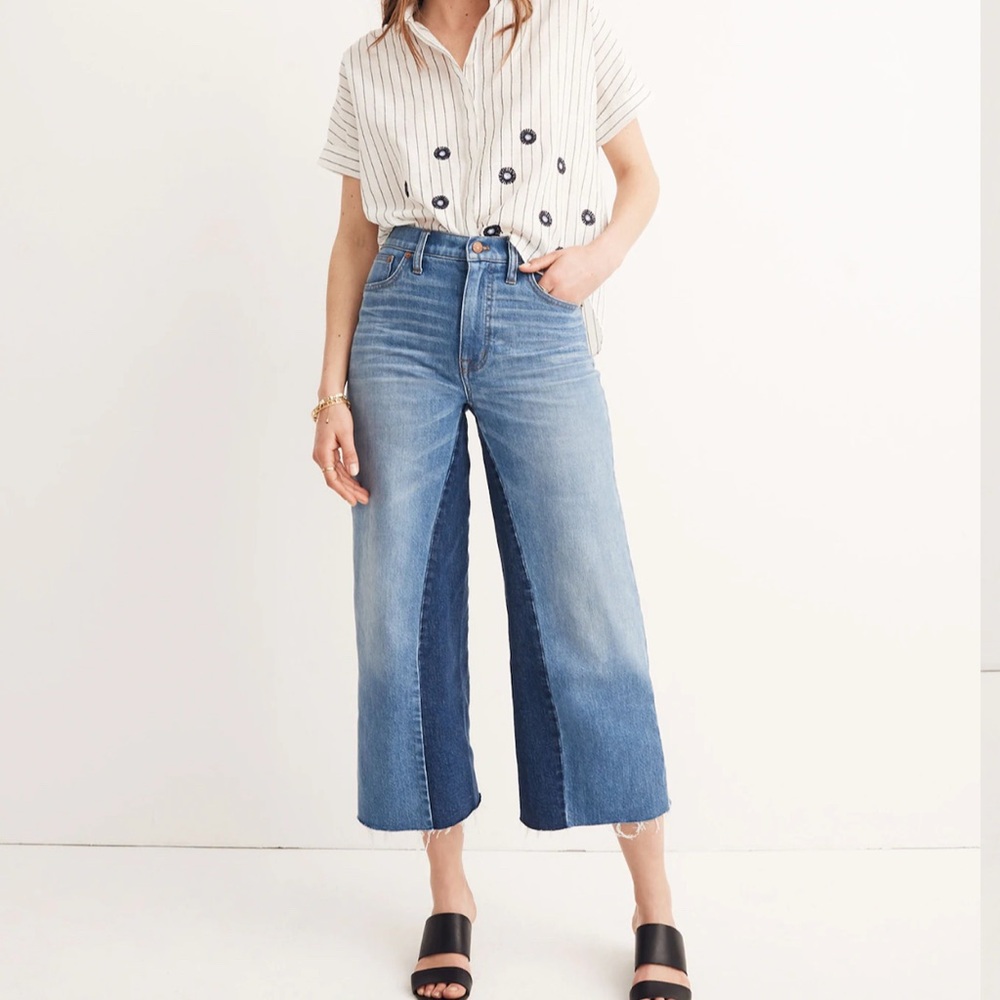 Madewell Two-Tone Wide-Leg Crop Jeans — Light & Dark Blue
